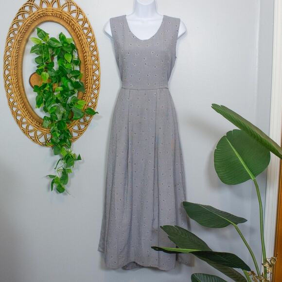 Vtg 90s Gray Blue Pleated Maxi Dress Micro Check Floral Embroidery Sleeveless - Picture 4 of 13